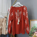 Ethnic Style O-Neck Lace-up Blouse Women Embroidery Y2k Tops Female Casual Blouses Lantern Sleeve Blusas De Mujer Dropshipping
