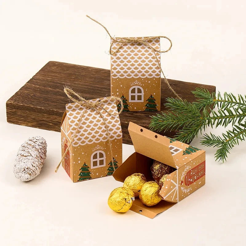 MissDeer 5Pcs Merry Christmas Gift Bags House Shape Kraft Paper Candy Cookie Bags Packaging Boxes Christmas Tree Pendant Party D