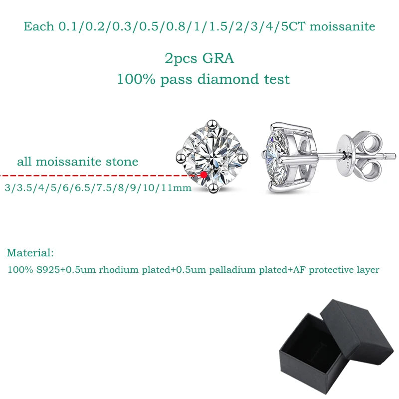 Smyoue 0.1-3CT Test Passed Moissanite Studs Earrings for Men Women S925 Silver Platinum Plated Bride Wedding Diamond Studs GRA