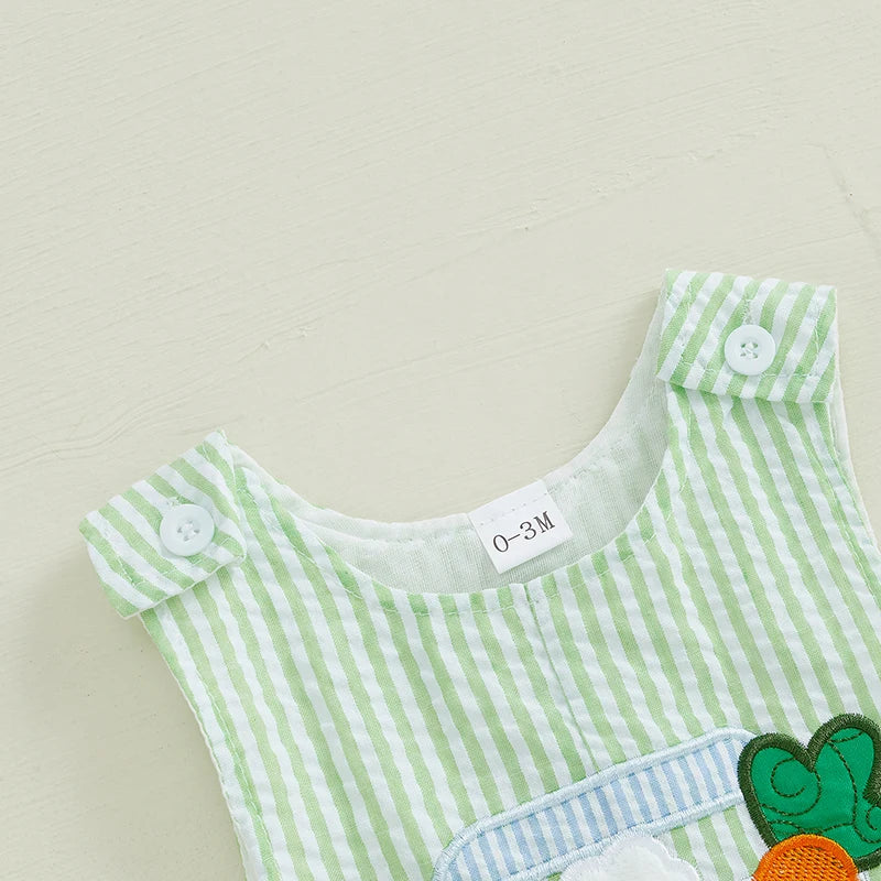 Easter Bunny Romper with Carrot Embroidery and Striped Truck Design Sleeveless Crew Neck Jumpsuit for Infant Spring Outfit
