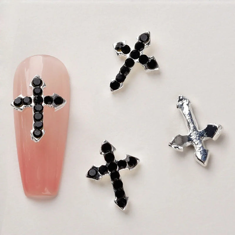 10Pcs/lot 3D Cross Alloy Nail Art Charms Silver/Black/Pink Rhinestone Christmas Halloween Diamond Jewelry Retro Punk Nail Parts