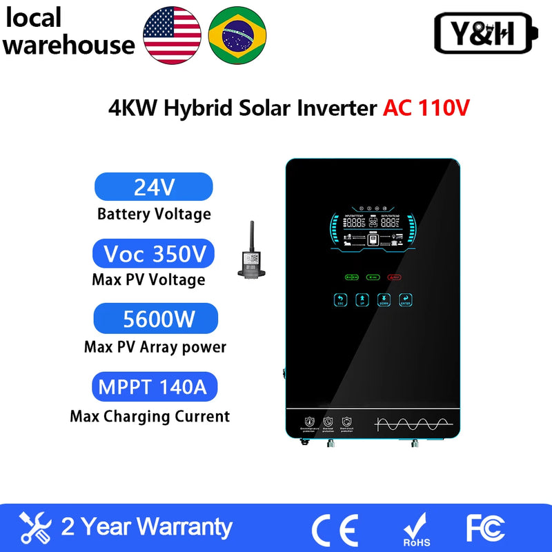 Y&H 3.6KW 4KW Hybrid Solar Inverter 24VDC 110VAC Pure Sine Wave Hybrid Inverter 120A MPPT Solar Controller Run Without Battery