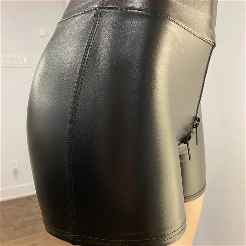 Sexy Black Matte Leather Open Crotch Shorts Women Exotic Bodycon Slim Faux Leather Skinny Shorts Wetlook Nightclub Wear Custom