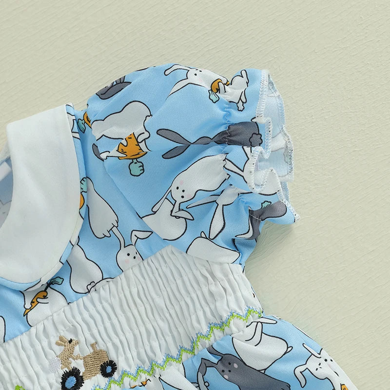 Toddler Girls Floral Print Ruffle Sleeve Rompers Easter Outfit Bunny Ear Headband Set Summer Jumpsuits Playsuits