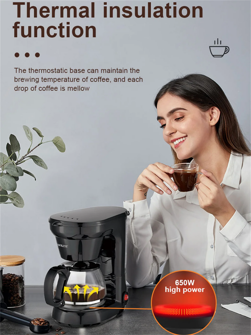 SOKANY CM102 6-Cup Drip Coffee Maker Anti-Drip  Coffee Pot Machine 750ml Borosilicate Glass Carafe Electric Coffee Maker