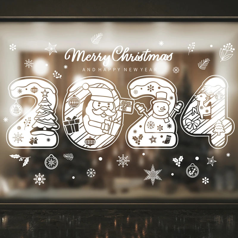 2024 Merry Christmas Window Stickers Santa Claus Snowflake Elk Xmas Tree Sticker Christmas Decorations for Home Happy New Year