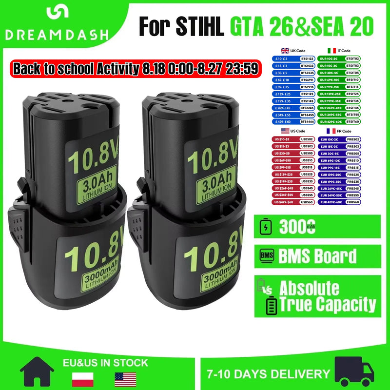 Dreamdash 10.8V 3000mAh Lithium-Ion Battery Compatible For STIHL GTA 26 /SEA 20/HSA 26/AS2 10.8V Battery Power Tools