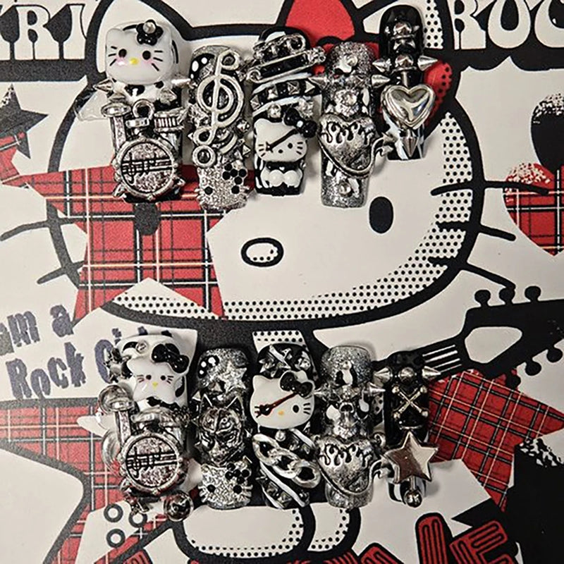 10Pcs Y2K Spicy Girl Long Coffin Handmade Press On Nails 3D Sanrio Hello Kitty Bear Pearl Diamond Pentagram Wearable False Nail