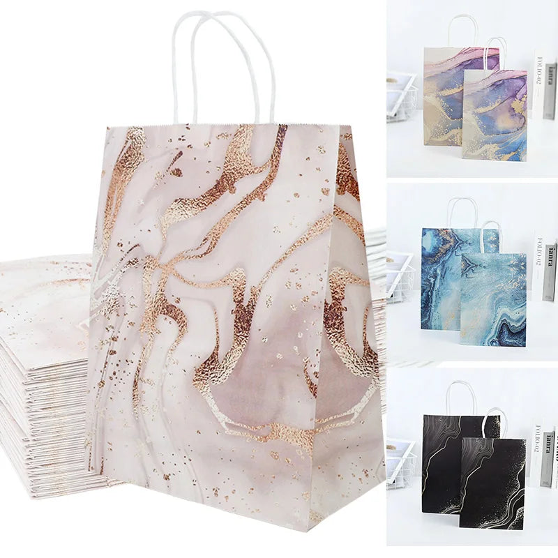 5Pcs Rose Gold Marble Paper Gift Bag Wedding Favor Gift Kraft Paper Shopping Packing Bags For Birthday Baby Shower Party Supply