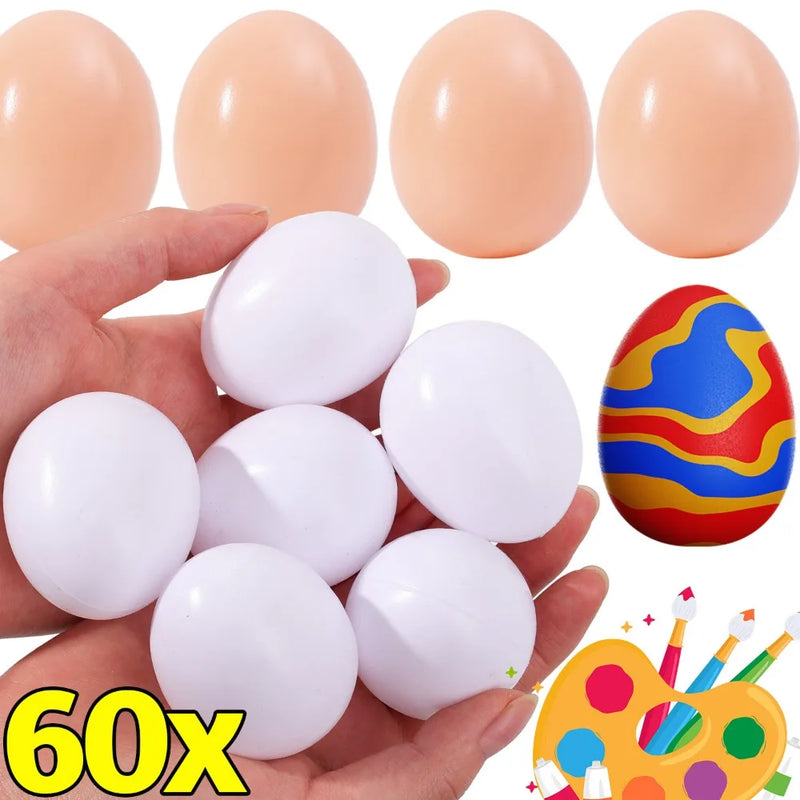 60/10PCS Plastic Simulation Eggs Easter DIY Painted Eggs Happy Eatser Fake Eggs Home Festive Party Decor Supplies Kids Gift Toys