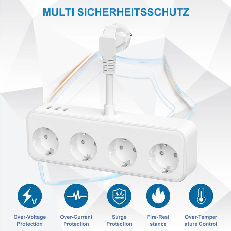 Multicontact EU Plug Power Strip 4 Outlet with 3 USB Electrical Socket Multiple 3840W 16A 240V Extension Cord For Home Office