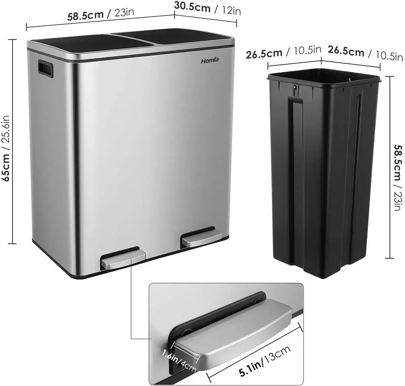 Brushed Stainless Steel 60L/16Gallon Rectangular Hands-Free Dual Compartment Recycling Kitchen Step Trash Can w/ Soft-Close Lid