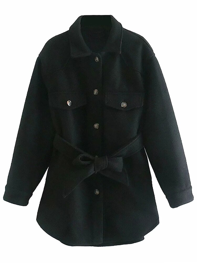 Aachoae Women Chic Wool Coats With Belt 2021 Solid Long Sleeve Pockets Shirt Jackets Outerwear Turn Down Collar Elegant Coat