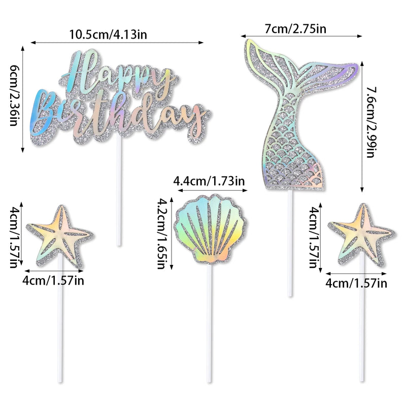 Mermaid Birthday Party Decor Glitter Mermaid Tail Sea Shells Starfish Cake Topper Baby Shower Girls 1st 2th Birthday party decor