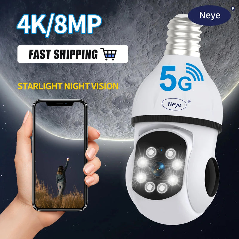 Neye 8MP 4K Bulb Camera Indoor Monitoring 5G Wifi Camera Spotlight E27 360 degree Panoramic Wireless Security Monitoring Camera