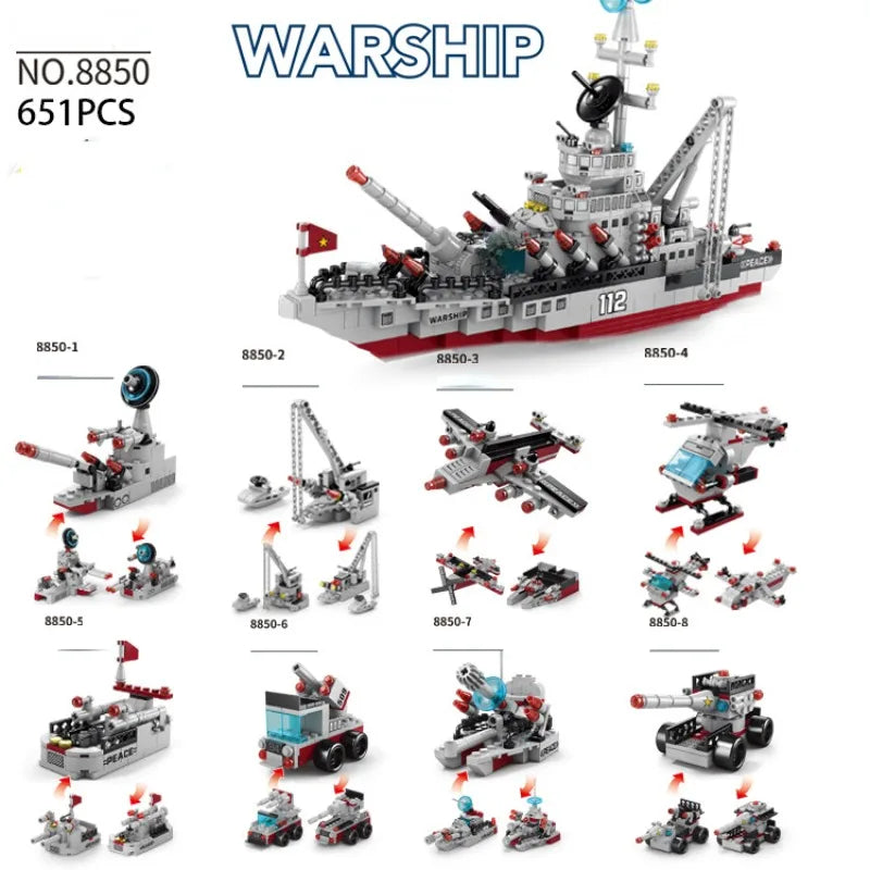 1000+PCS Military Series Warship Fighter Robot Building Blocks Boat Airplane Car Set Toys For Children Gifts