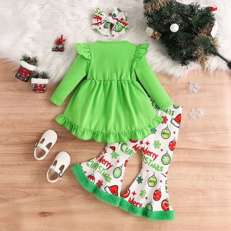 1-6Y Christmas Baby Girls Clothes Green Solid Long Sleeve Tops Christmas print Plush selvedge Flared Pants with headband sets