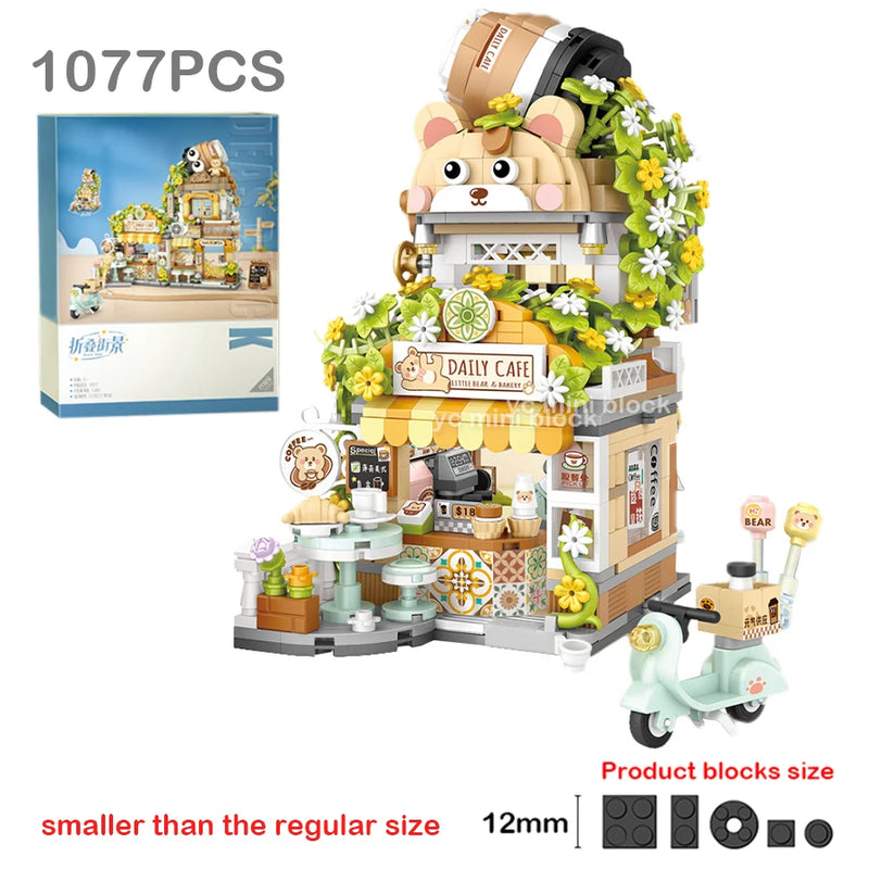 New Cute Little Bear Cafe Flower Shop Panda Tea House Mini Folding Building Block DIY Assembly Puzzle Toys For Kids Adults Gifts