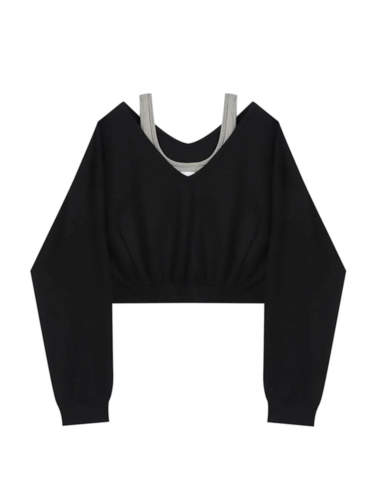 Woman Sweatshirt Hoodies Fashion Female Chic Loose Casual Streetwear Patchwork Ins Street Y2K Fake Two Pieces Hoodies Crop Top