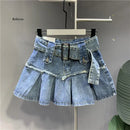 Fashion Patchwork Pleated Denim Skirt for Women's High-Waist Casual Loose A-Line Skirts Female 2023 Spring New