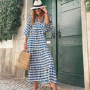 Puff Sleeve Boho Maxi Dress Women Summer Fashion V Neck Floral Splicing Half Sleeve Dress Female Loose Ankle-Length Beach Dress