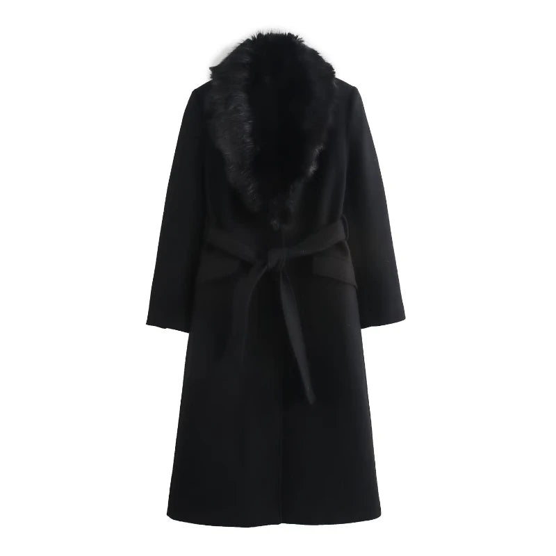 ZBZA Women's Warm Faux Fur Thick Coat Lace-up Fur Collar Long Sleeve Single Breasted Back Slit Solid Outercoat Winter Trenchcoat