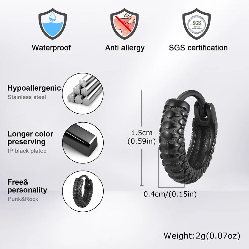 Vnox Black Snake Textured Hoop Earrings for Men, Hypoallergenic Metal Stainless Steel Animal Male Boys Earring,Cool Gift for Him