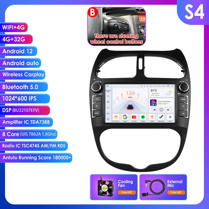 Hizpo 2Din 7inch Android Car Radio for Peugeot 206 206CC 206SW 2000 - 2008 Multimedia 4G BT Auto CarPlay GPS RDS DSP Stereo