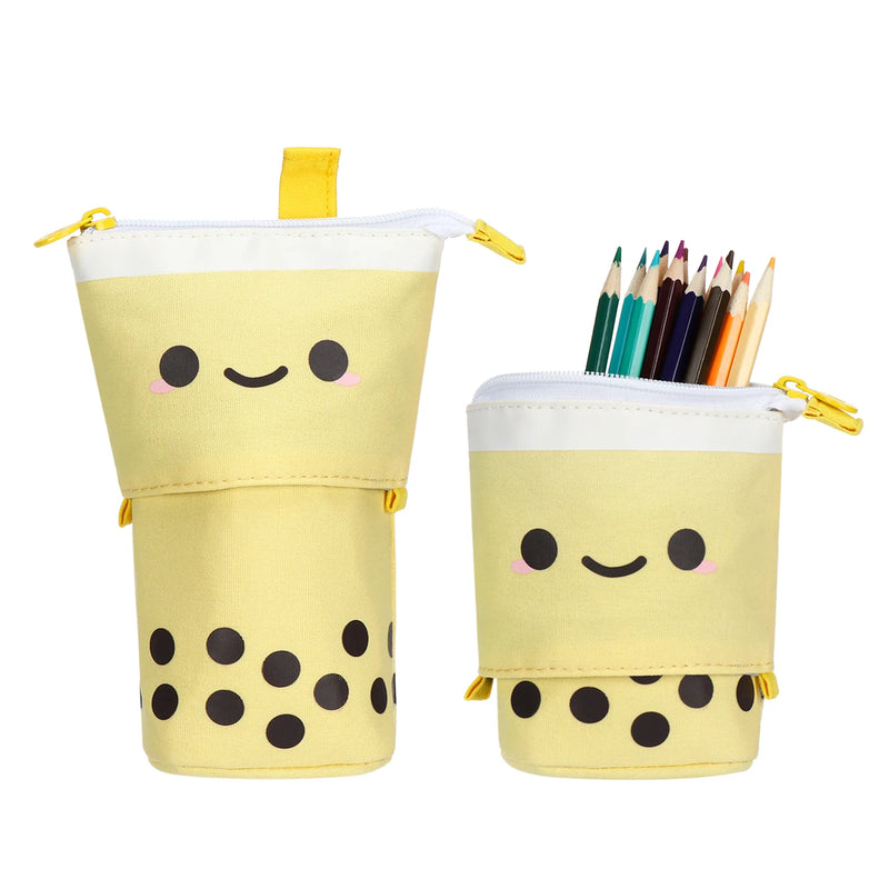 Cute Retractable Pencil Case Multi-function Pen Bag Kawaii Boba Milktea Smile Face Stationery Case Canvas Pen Holder Organizer