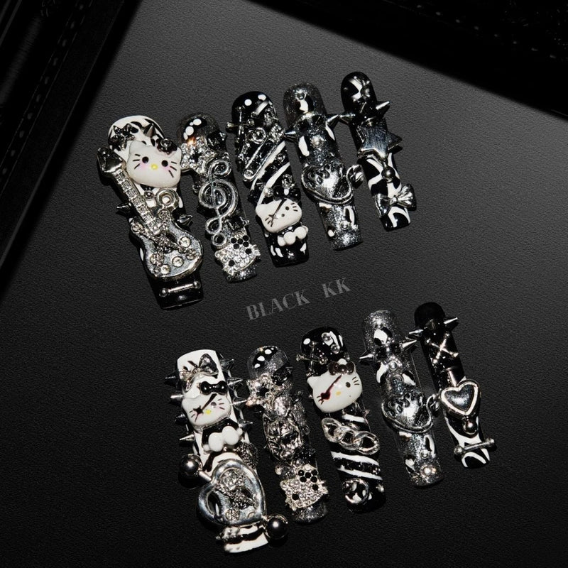10Pcs Y2K Spicy Girl Long Coffin Handmade Press On Nails 3D Sanrio Hello Kitty Bear Pearl Diamond Pentagram Wearable False Nail