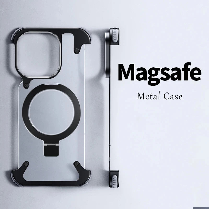 Aluminum Alloy Magnetic Stand Rimless Phone Case For iPhone 15 14 13 Pro Max 15 Plus Metal Lens Shell Frosted Matte Back Cover