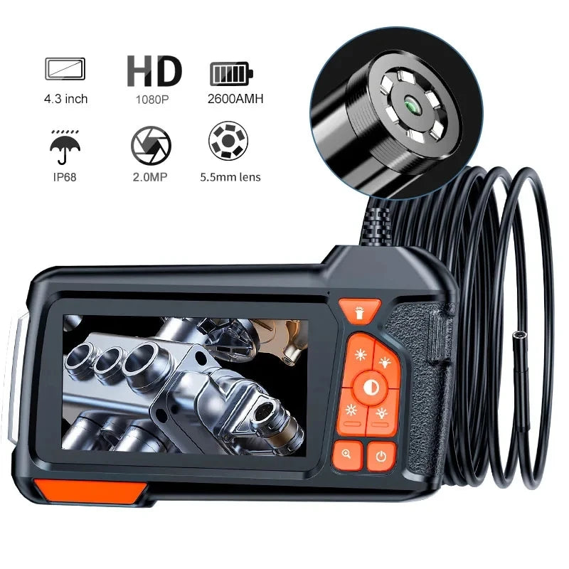 4.3" LCD Endoscope Camera with Light HD 1080P 5.5mm IP67 Waterproof Borescope Camera with 6 Adjustable LED Lights for Sewer Car