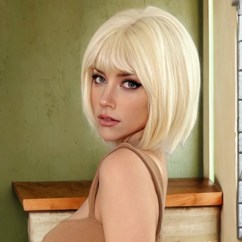 Hot sale of synthetic fiber wig female light blonde bob short straight hair tail a knife high temperature silk full head set wig