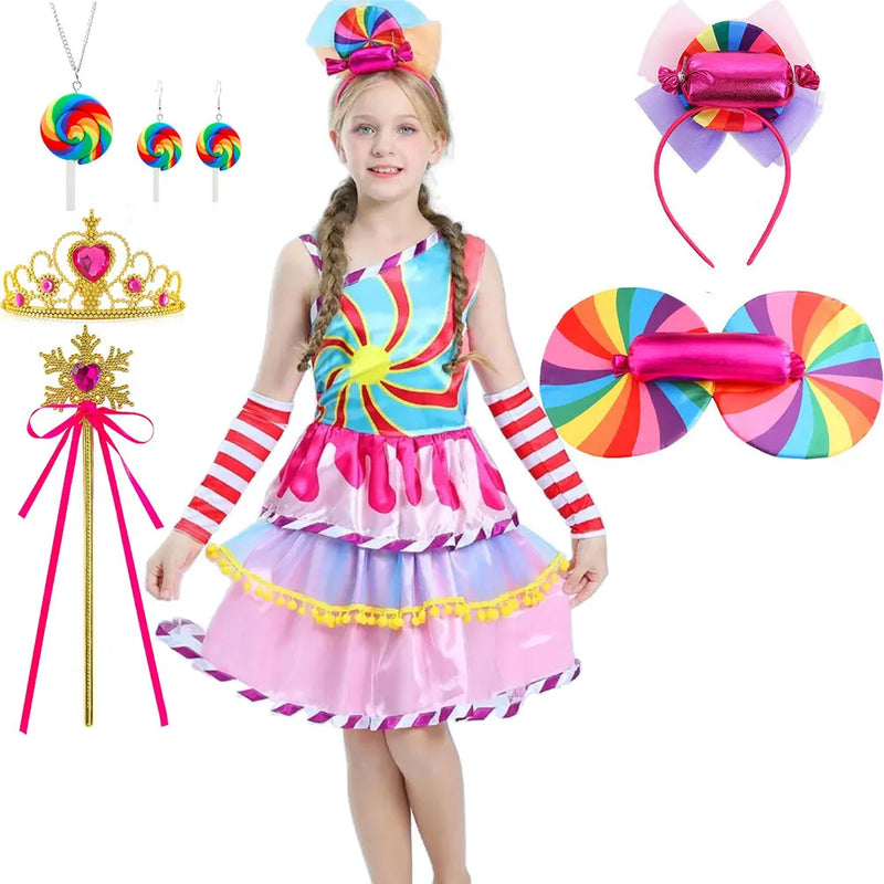 Candy Fairy Costume Girls Lollipop Cosplay Dress Toddler Carnival Purim Rainbow Vestidos Christmas Party Princess Clothing Gown