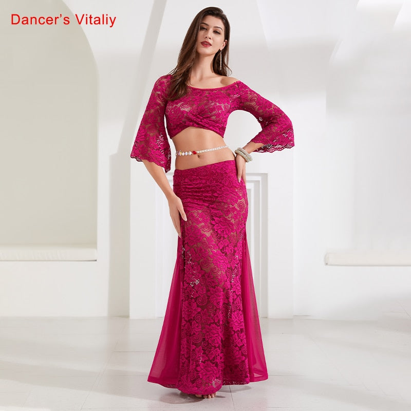 Winter Girls Women Belly Dance Flared Sleeves Top Splicing Skirt Competition Dance wear Lady Oriental Indian Dance Lace Clothes