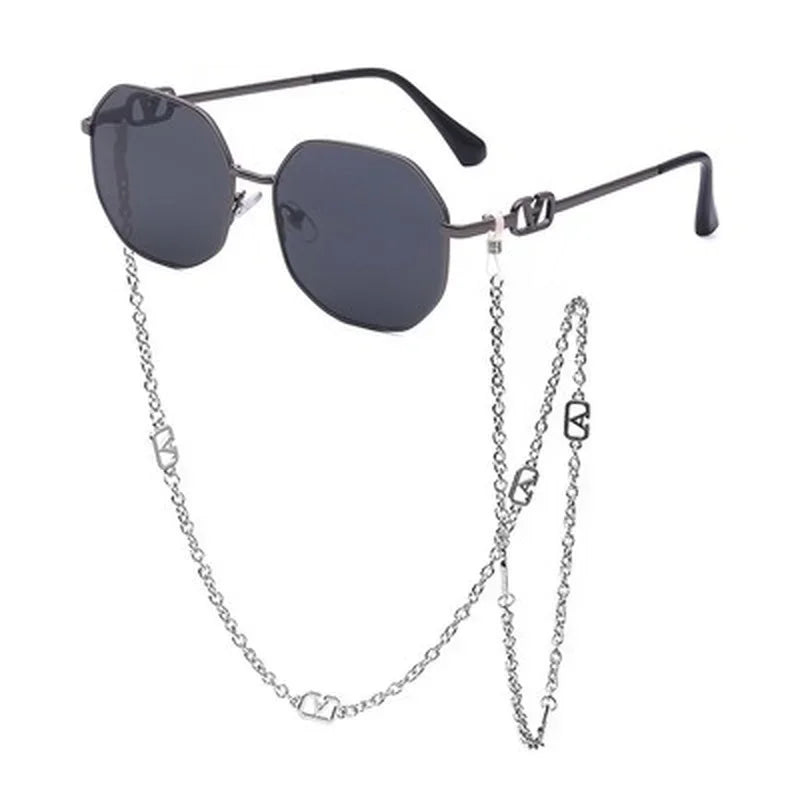 Men Women Punk Sun Glasses Brand Designer Retro Alloy Polygon Sunglasses Women Luxury Shades with A Chain Lanyard Sunglasses