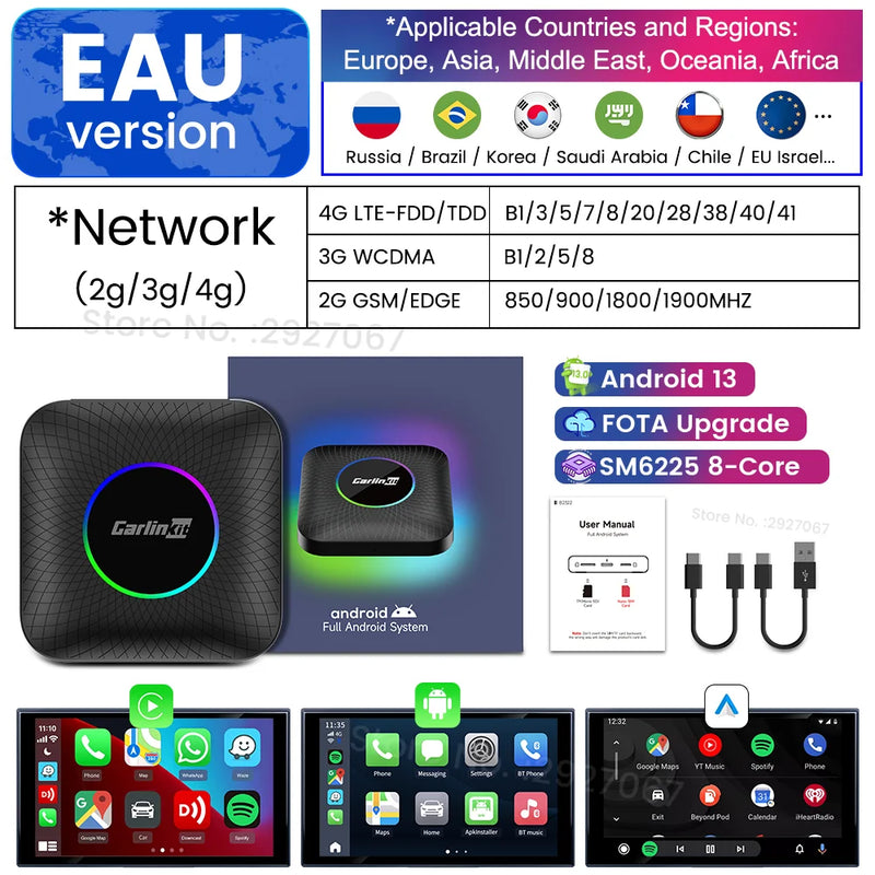 CarlinKit CarPlay Ai Box Android 13 SM6225 8 cores 8G+128G Smart Android TV Box Wireless CarPlay Android Auto Support 512GB TF