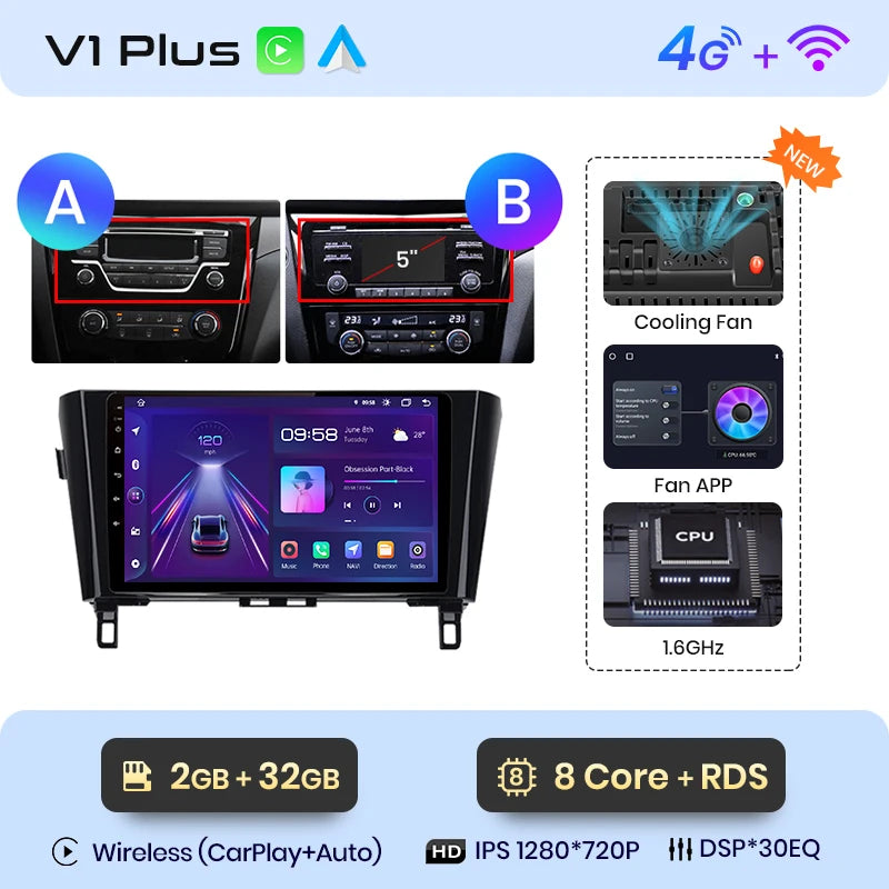 Junsun V1 AI Voice Wireless CarPlay Android Auto Radio for Nissan Qashqai J11 X-Trail 3 T32 2013-2017 4G Car Multimedia GPS 2din