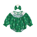 Adorable Infant Easter Bunny Print Ruffle Sleeve Romper with Matching Bow Headband 2 Piece Set for Baby Girls