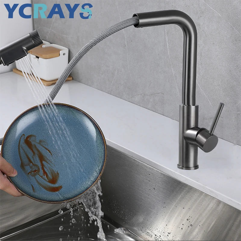 YCRAYS Brushed Nickel Filter Pull Out Kitchen Sink Faucet Drinking Water Pure Tap Gray Deck Mounted 3 Mode Black Hot Cold Mixer