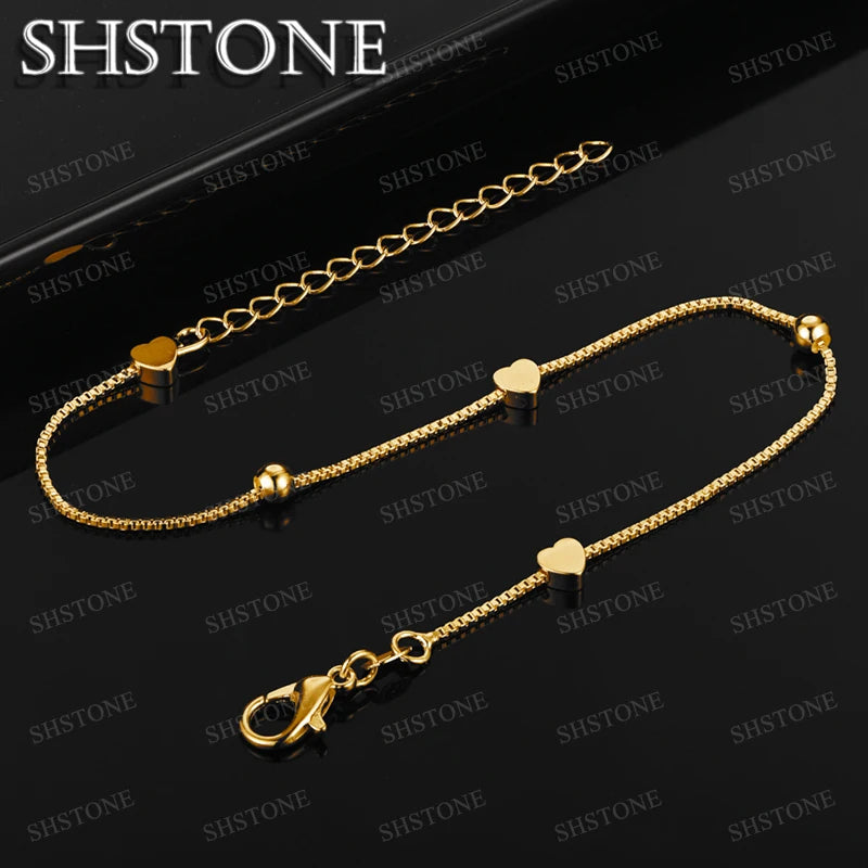 SHSTONE 18K Gold Solid Heart Beads Bracelet For Woman Fashion Charm Jewelry Lady Cute Hand Chain Wedding Bangles Birthday Gifts