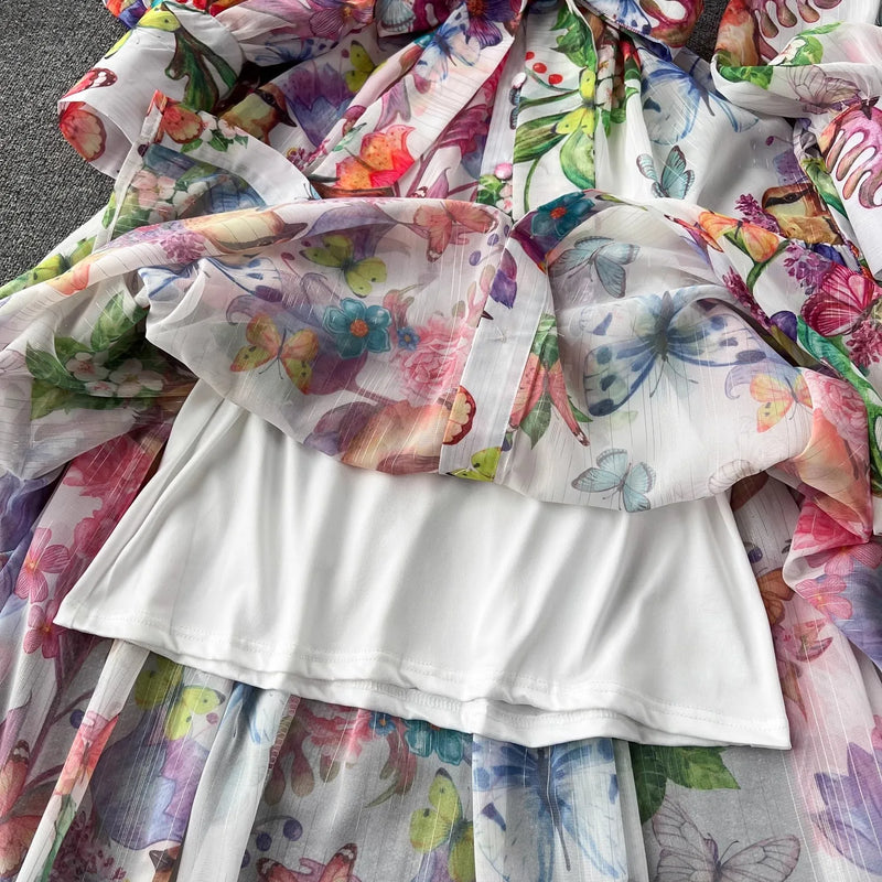 Bohemian Floral Chiffon Summer Dresses for Women Runway Stand Lantern Sleeve Belt Beach Holiday Long Vestidos Boho Robe 2056