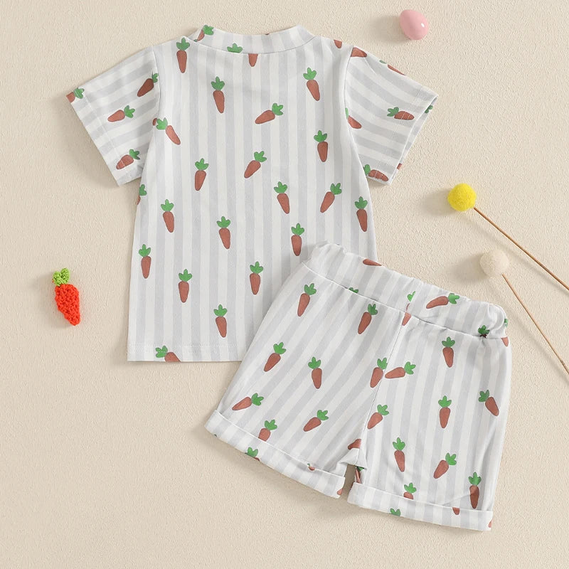 0-3Years Baby Boys Easter Outfits Carrot Stripe Print Short Sleeves T-Shirt and Elastic Shorts 2 Piece Sets for Boys