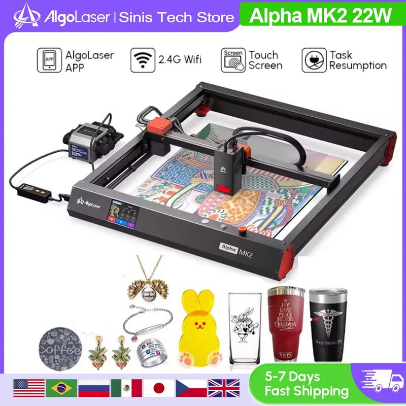 AlgoLaser Alpha MK2 Laser Engraver 20W Output Power 3.5” Color Touch Screen App Offline Control DIY Engraver Tool for Metal MDF