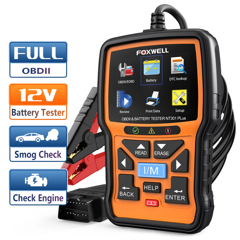 FOXWELL NT301 Plus 2 in 1 OBD2 Scanner Battery Tester OBDII Diagnostic Tool Check Engine Car Code Reader 12V 100-1100CCA Crank