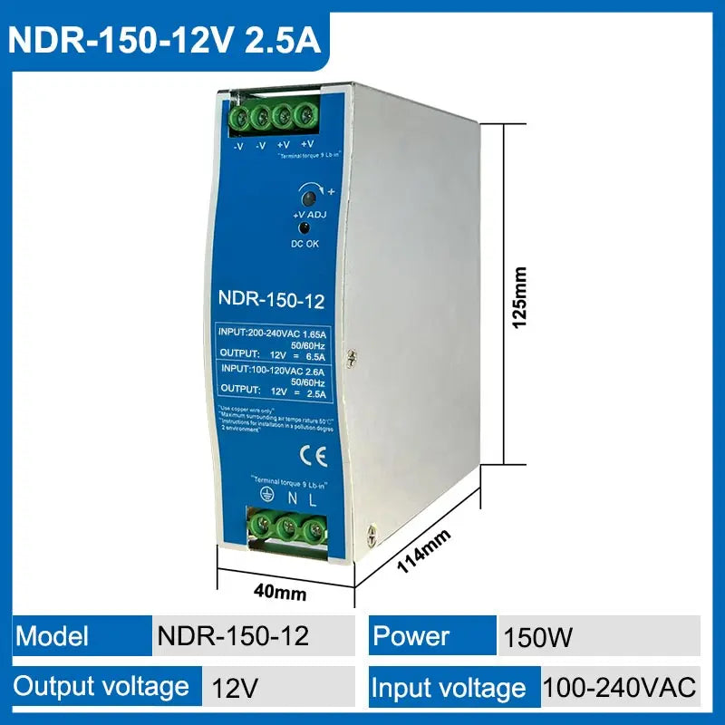 2.5A 12V 5.2A 24V NDR150W Industrial DIN Rail Mounted AC TO DC Single Output Switching Power Supply