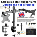 Double Twin Arm Desk Mount Bracket LCD Computer Monitor Stand 13”-27” Screen TV