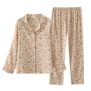 Spring New Ladies Pajamas Set Heart Printed Crepe Cotton Double-layer Gauze Turn-down Collar Long-sleeve Trousers Household Wear