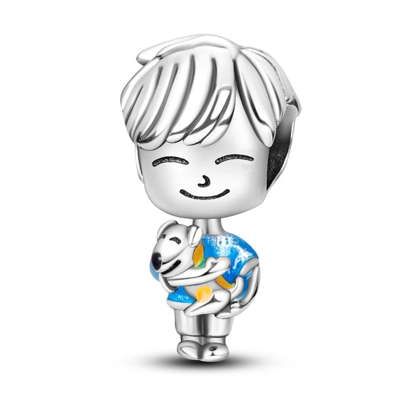 Silver Plated Boy Girl Couple Lovers Beads Charms Zirconium Dangle Fit Original Pandora Bracelet Necklace Jewelry Women Gift