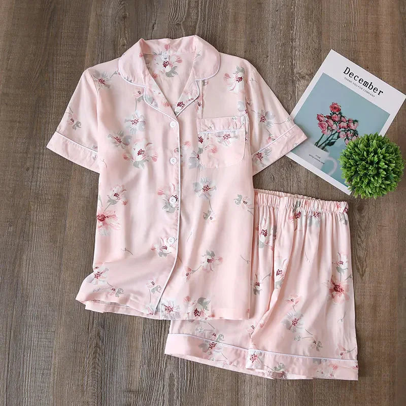 Summer new ladies pajamas suit viscose buckle comfortable man-made cotton short-sleeved shorts two-piece home service set women